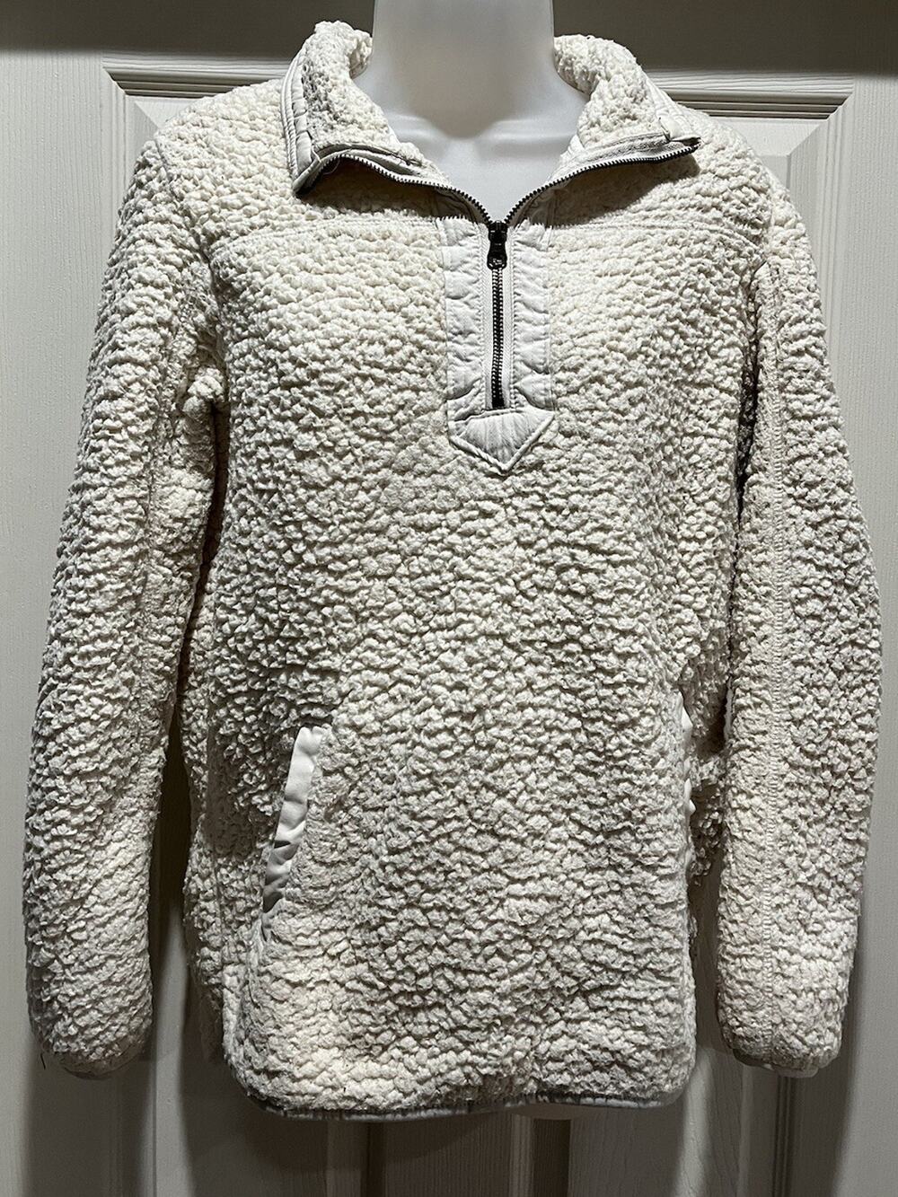 Time And Tru Women's Jacket Cozy Cream White Quarter Zip Sherpa Fleece Winter